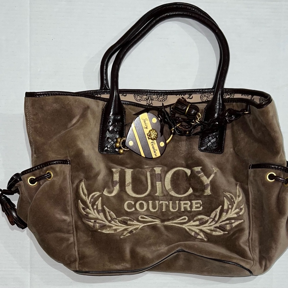 Vintage Juicy Couture Handbag Purse Tote Brown Velour Shoulder Bag Heart Y2k
